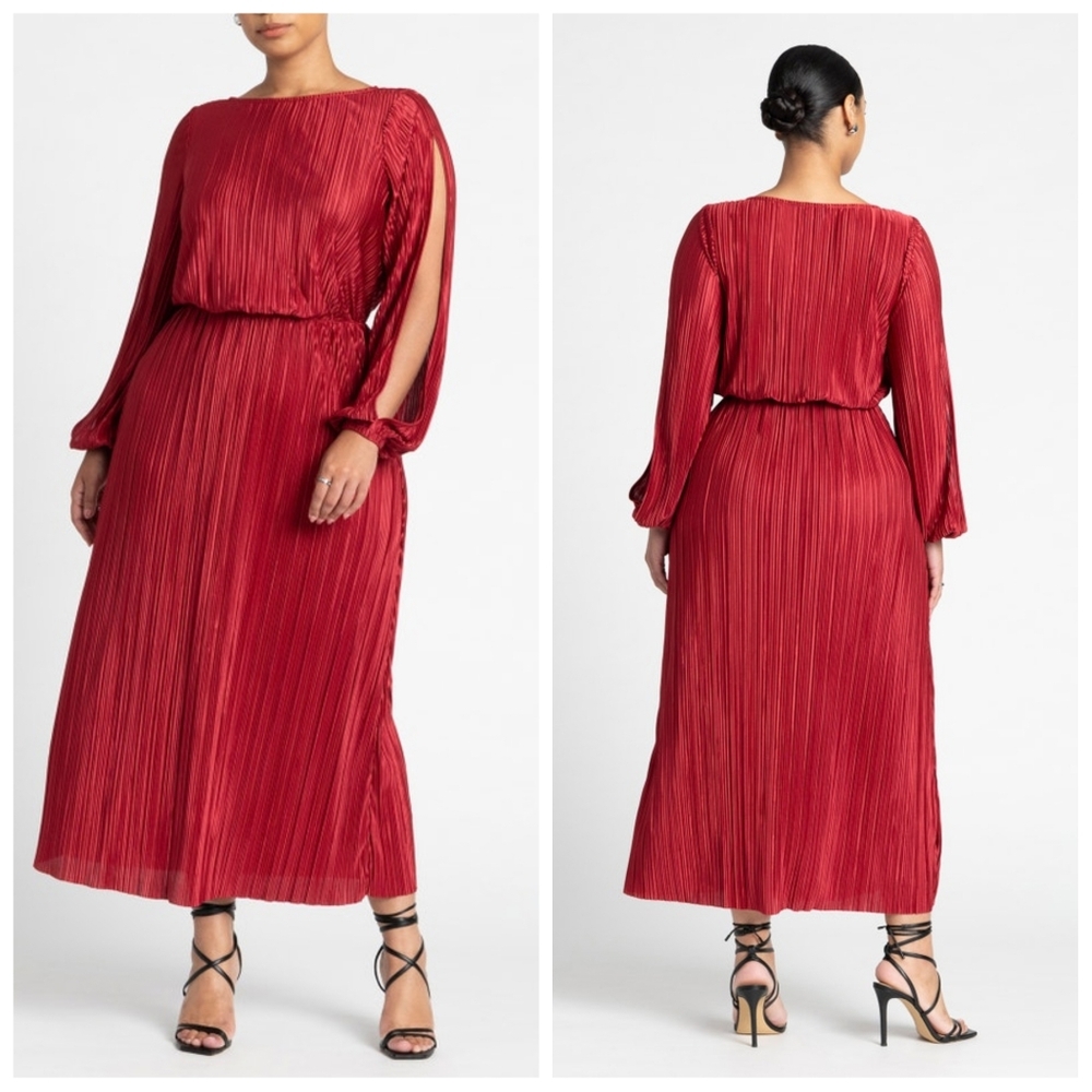 ELOQUII Plissé Open Sleeve Midi Dress Biking Red Size 18 NWT